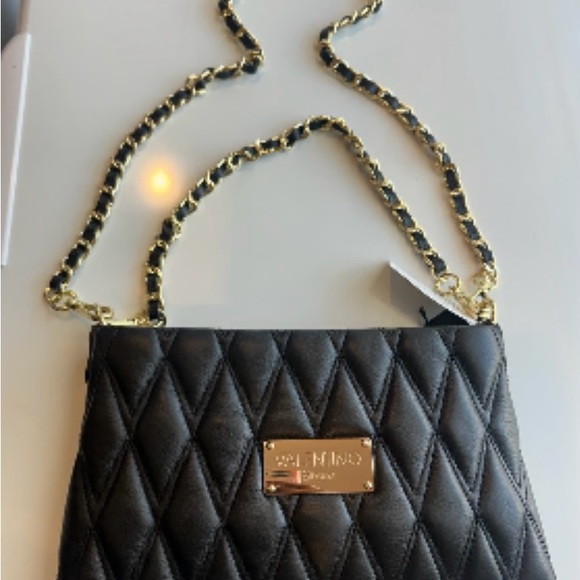 Valentino Black Quilted Crossbody Bag with Gold Chain